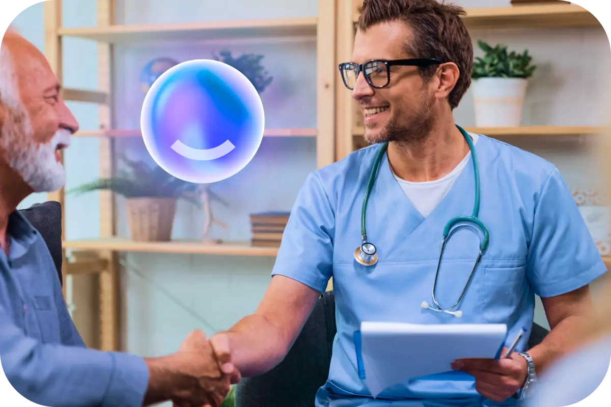 Medical assistant smiling and shaking hands with a patient while holding a clipboard in a modern healthcare setting