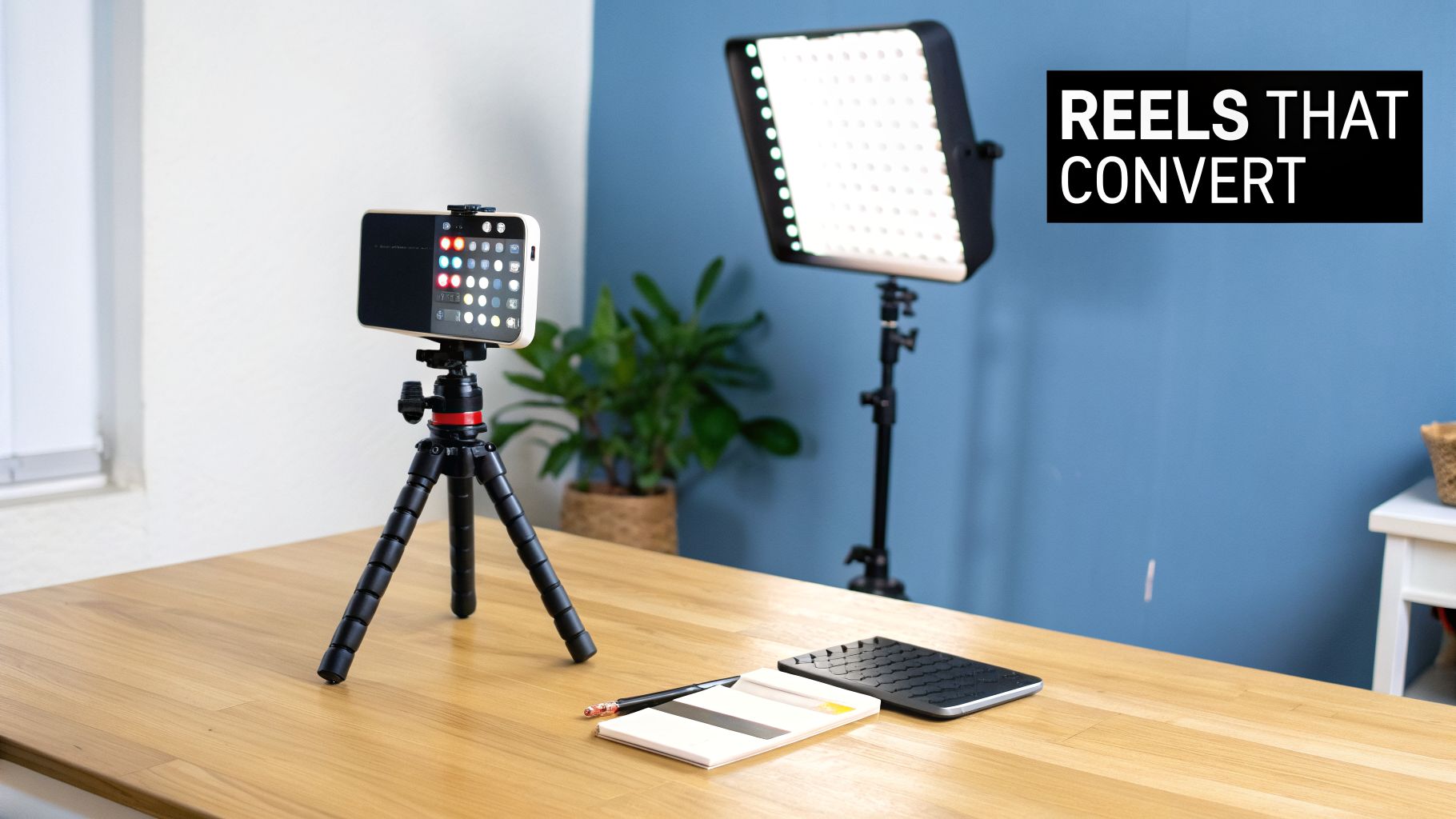 A professional video recording setup featuring a smartphone on a tripod, an LED light, and a notebook for creating engaging content.