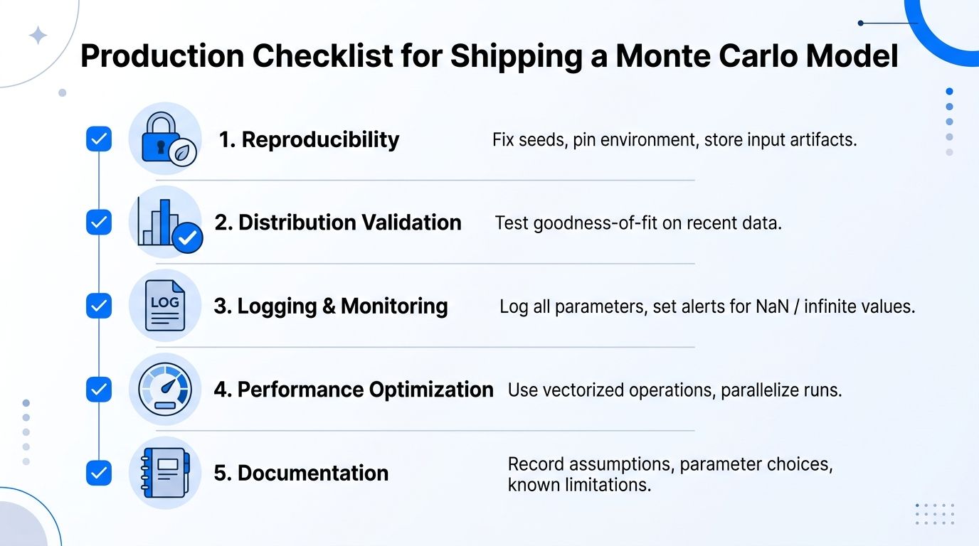 A checklist graphic outlining five essential steps for successfully deploying a Monte Carlo model in production.