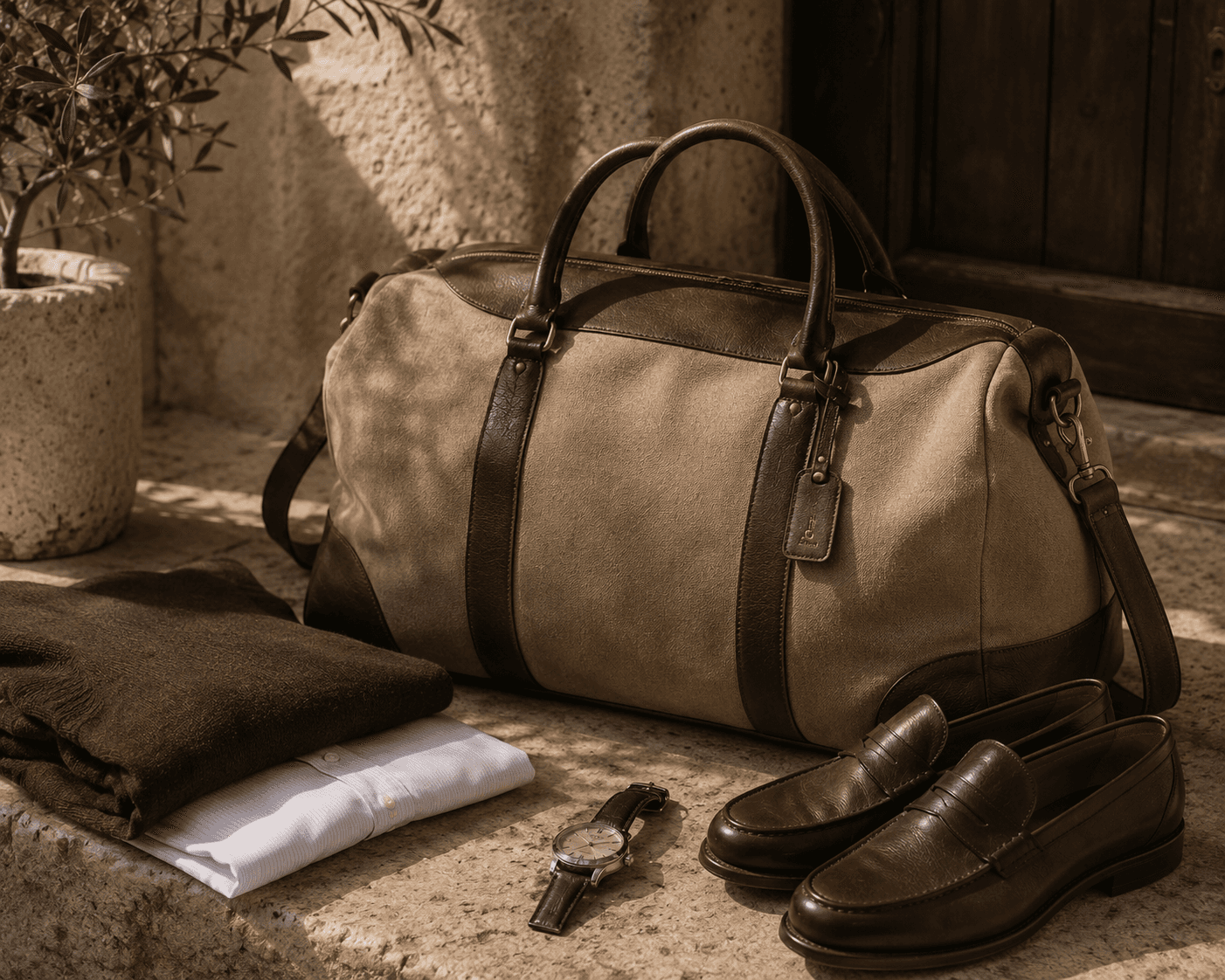 A refined travel flatlay featuring a beige canvas and dark brown leather weekender duffel bag resting on a stone porch step. Arranged in front of the bag are a pair of dark brown leather penny loafers, a dress watch with a dark leather strap, a folded white button-up dress shirt, and a folded dark brown knit sweater, set against a Mediterranean rustic backdrop with dappled sunlight and a potted olive plant.
