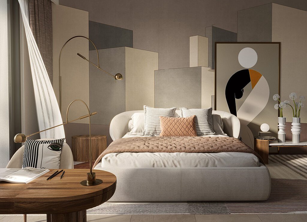 A modern bedroom featuring a large bed and a painting, located in Anya 2, Dubai.