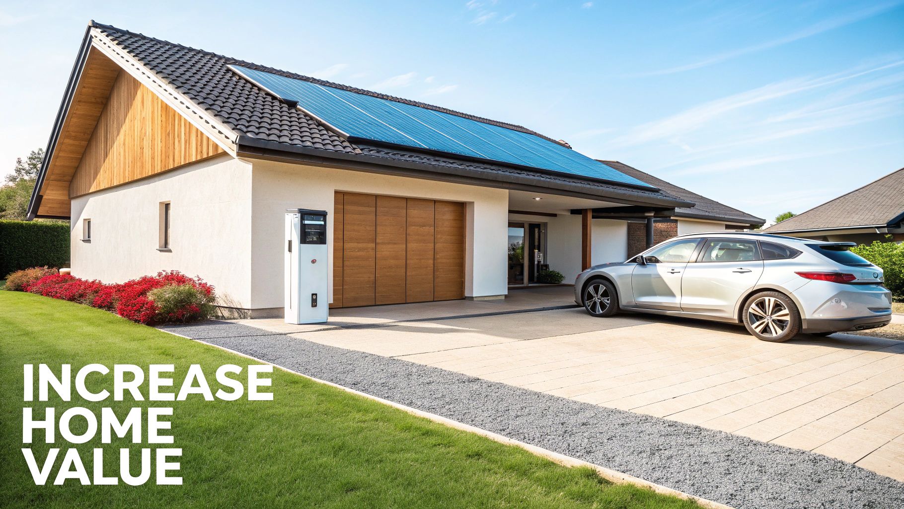 A modern home with solar panels, signifying increased property value.