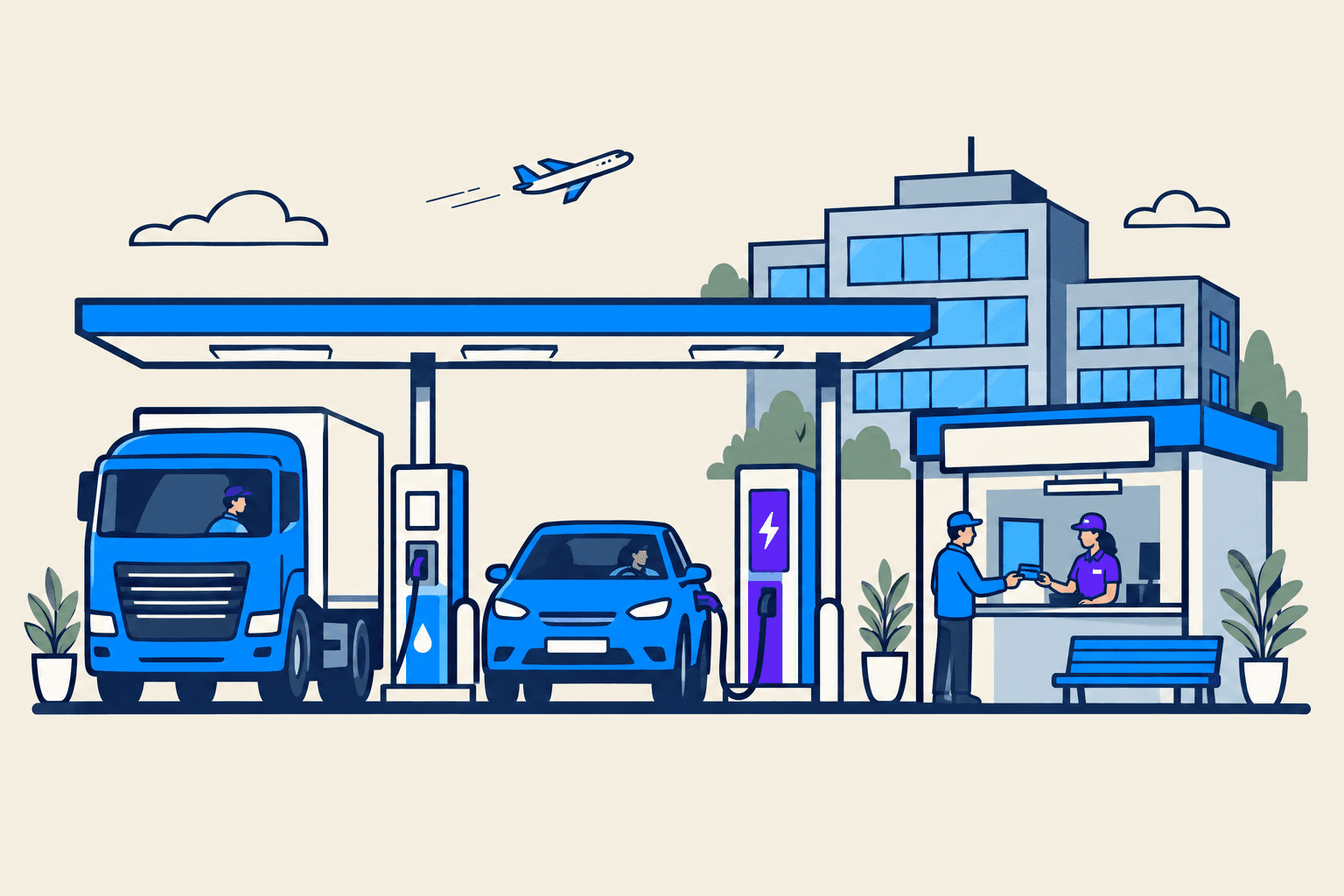 Ein Lastwagen und ein Firmenwagen an einer Tankstelle mit Ladesäule, ein Fahrer zahlt mit Karte; im Hintergrund ein Bürogebäude und ein kleines Flugzeug