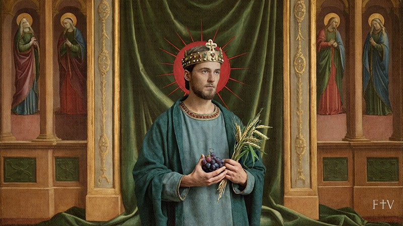 Sacred artwork by Faith and Verse. © Faith and Verse, 2025. All rights reserved.  Traditional Catholic saint portrait — Saint Wenceslaus of Bohemia holding grapes and barley, symbolizing eucharist, care for the poor and patronage of brewers. 