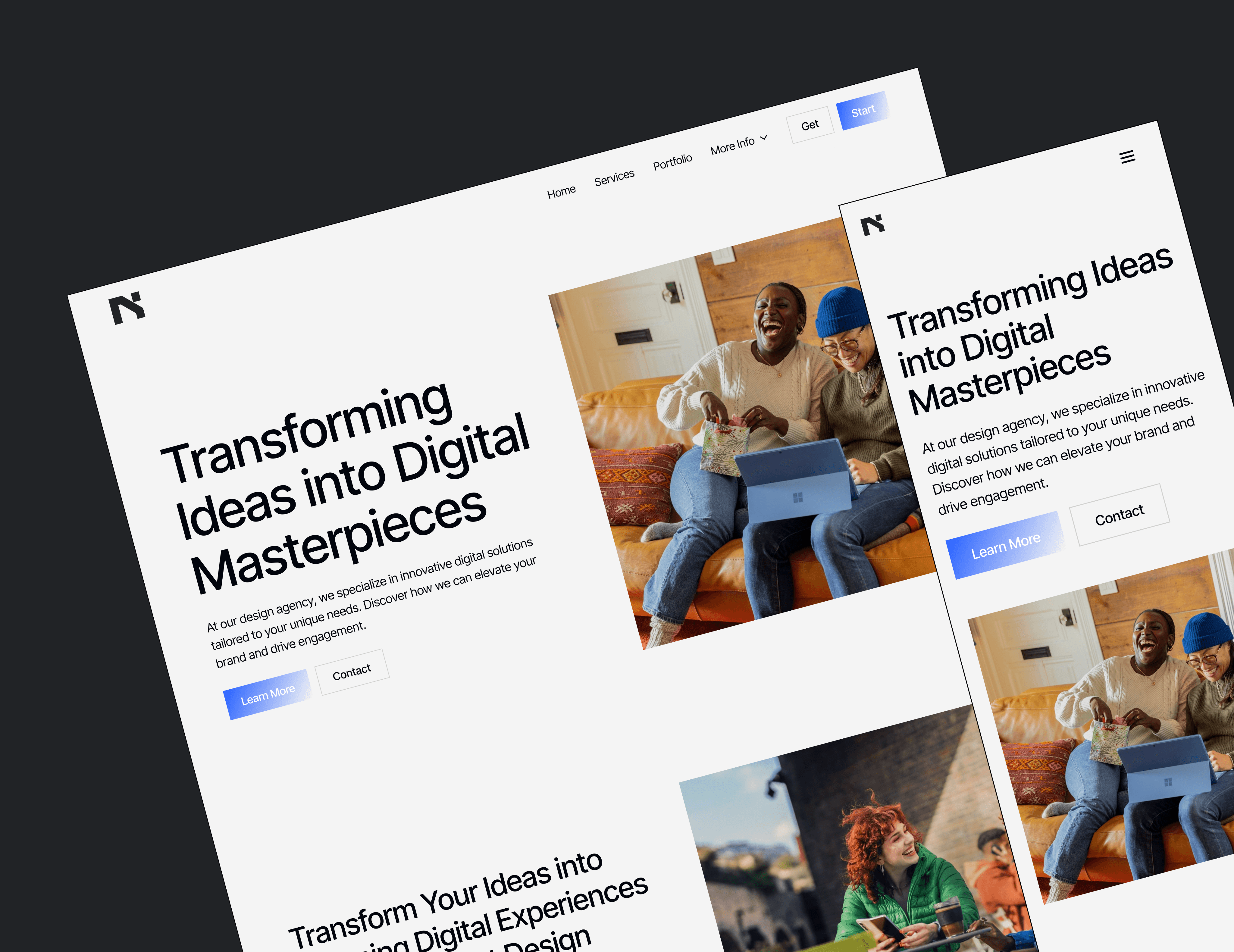 A modern, sleek website interface displayed on both desktop and mobile devices features bold text stating "Transforming Ideas into Digital Masterpieces," alongside a photo of a smiling individual sitting casually in a cozy, artistic room.