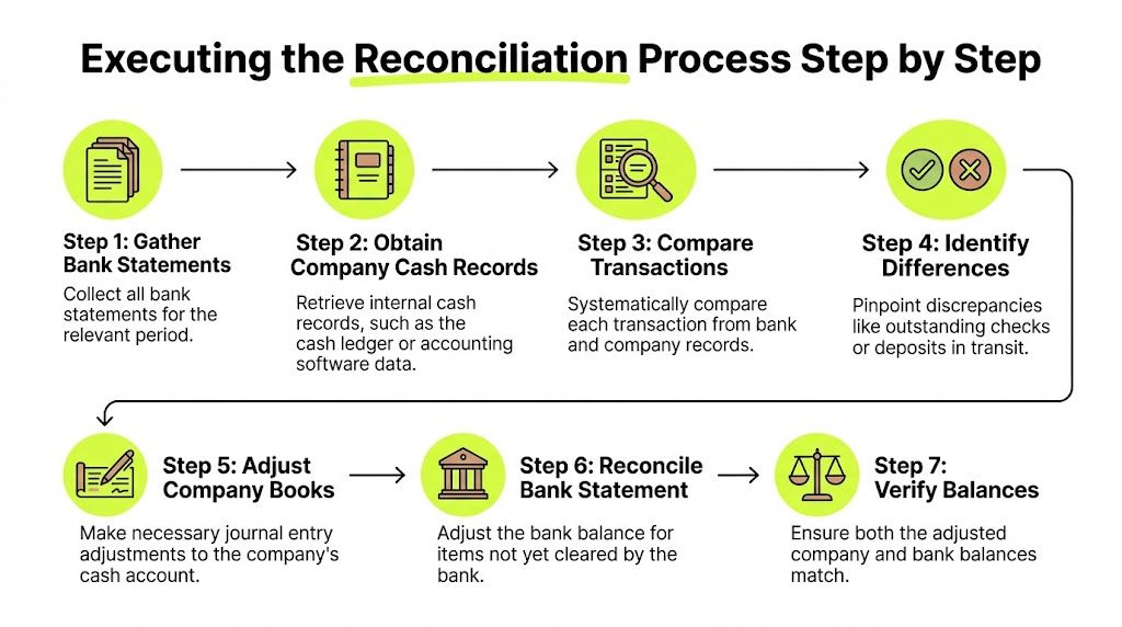 A seven-step flowchart illustrating the standard bank reconciliation process for business financial accounting and record keeping.