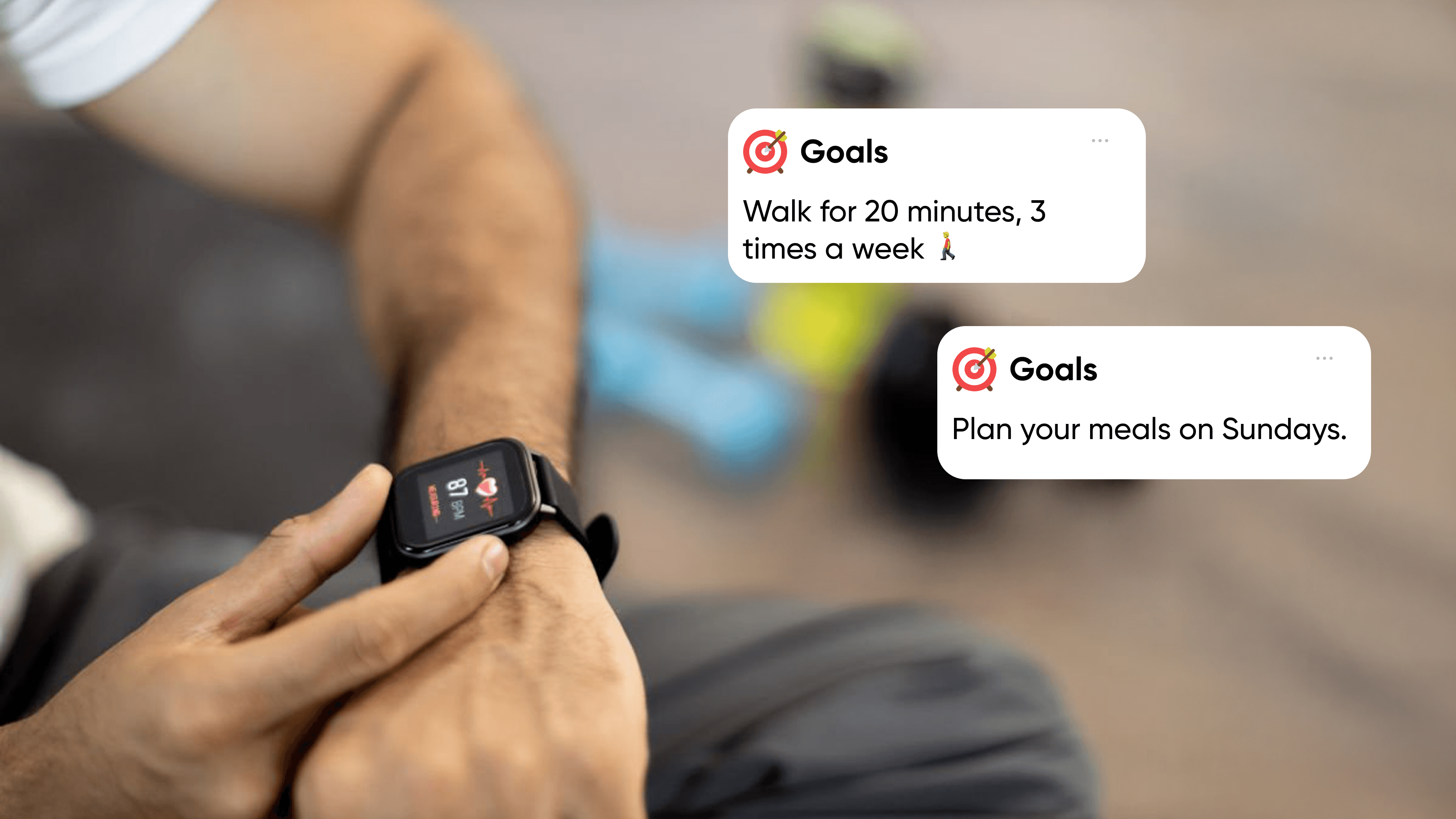 Close-up of a smartwatch tracking heart rate, with text encouraging health goals like walking for 20 minutes and planning meals, promoting fitness and wellness. Self-care routine, Mental health tips, Stress management, Work-life balance, Personal wellness, Healthy lifestyle, Daily rituals, Build better habits, Self-care ideas for mental health