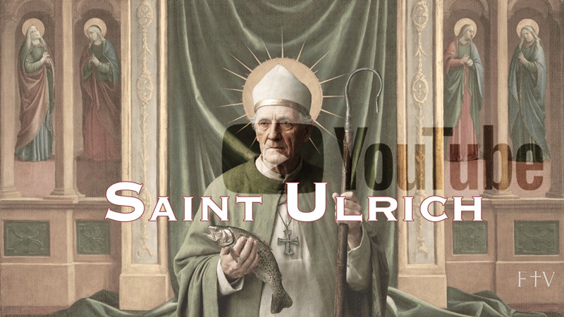 Sacred artwork by Faith and Verse. © Faith and Verse, 2025. All rights reserved. Traditional Catholic art—portrait of Saint Ulrich of Augsburg, shown before his episcopal canopy with veiled YouTube play marker blended softly into the composition.