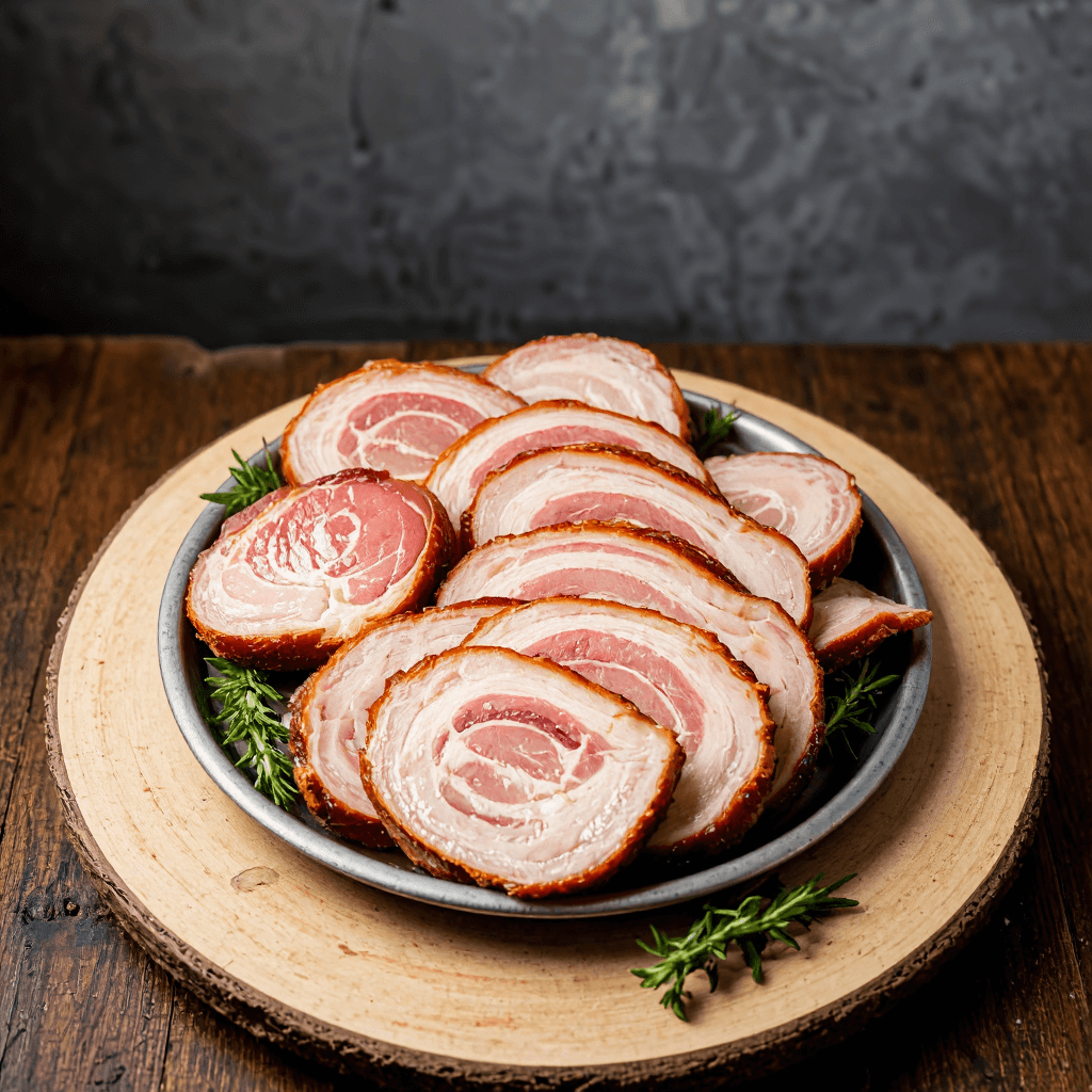 product photography of a platter of sliced pork belly
