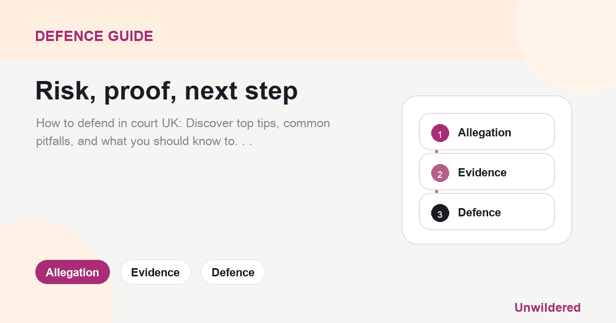 Explainer card for How to defend in court - UK: Allegation, Evidence, Defence.