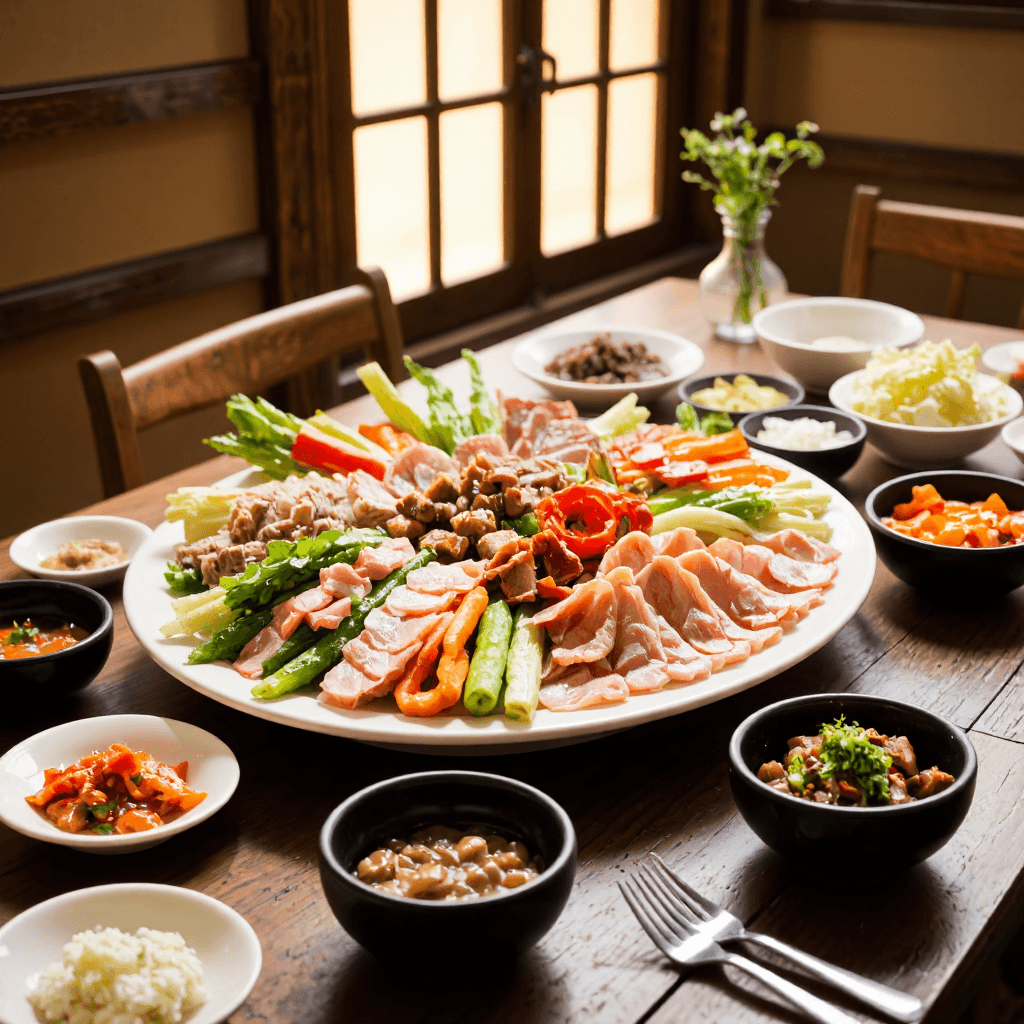 product photography of a platter of assorted Korean dishes including sliced meats, vegetables, and side dishes