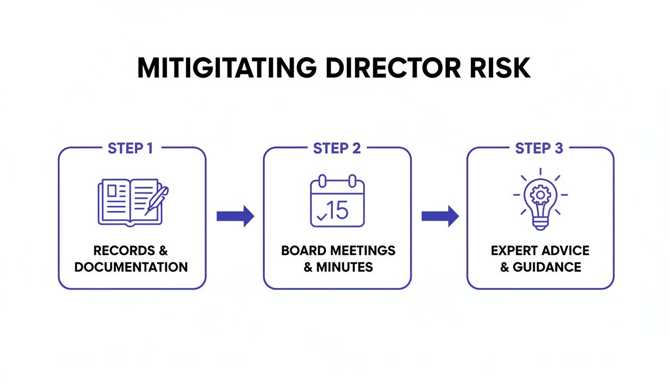 Infographic showing a three-step process for mitigating director risk with icons and labels.