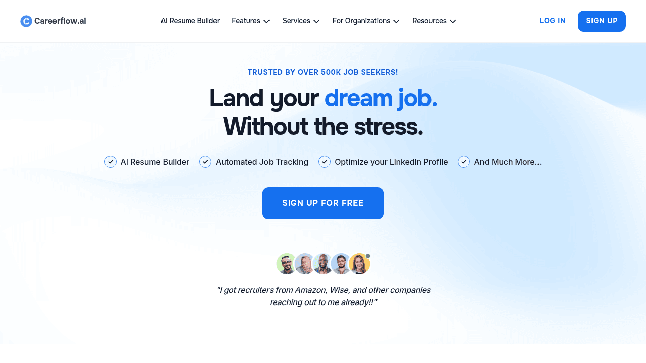 Careerflow career development platform homepage featuring resume builder and LinkedIn optimization tools