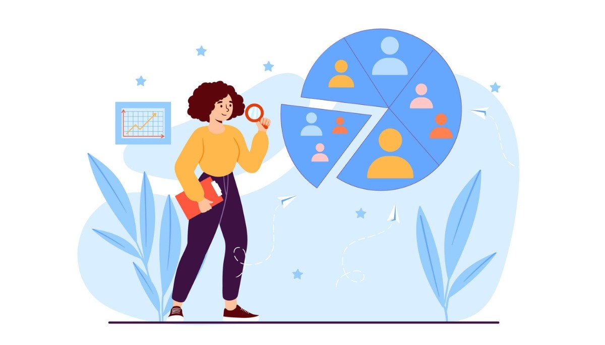 Illustration of a woman seated at a desk working on a computer, holding a paper while a large monitor behind her shows a rocket launch, surrounded by floating dollar signs, gears, paper airplanes, and a light bulb.