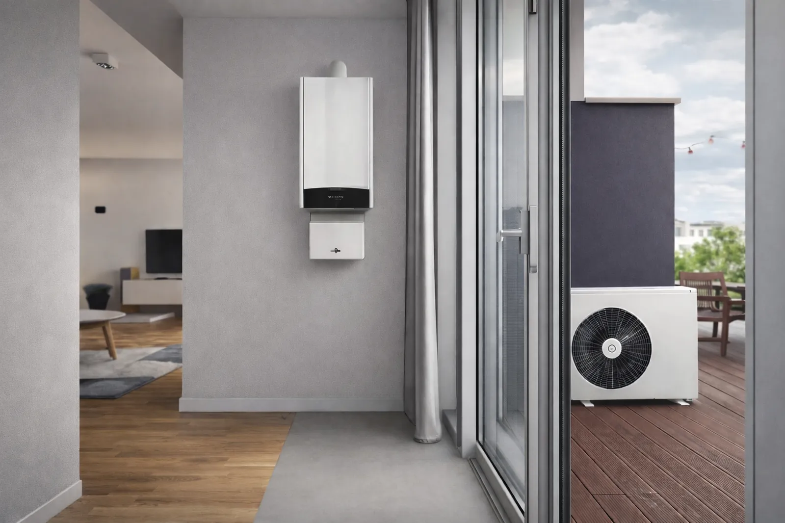 Sistema ibrido di riscaldamento con caldaia interna e unità esterna a pompa di calore