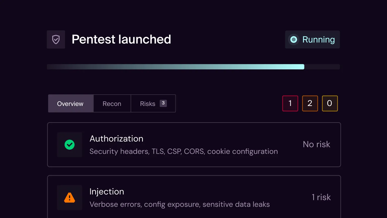 Hadrian Nova running-test view with overview, reconnaissance, risk counts, and test categories