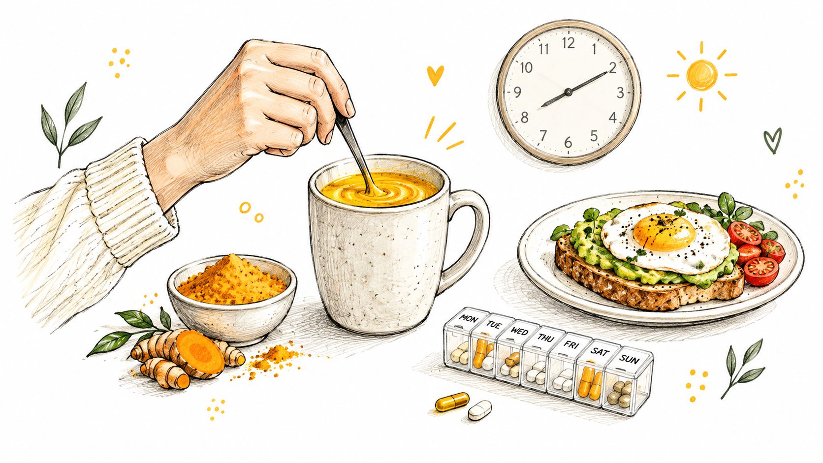 A person preparing turmeric tea near a healthy breakfast, a pill organizer, and fresh turmeric roots on table.