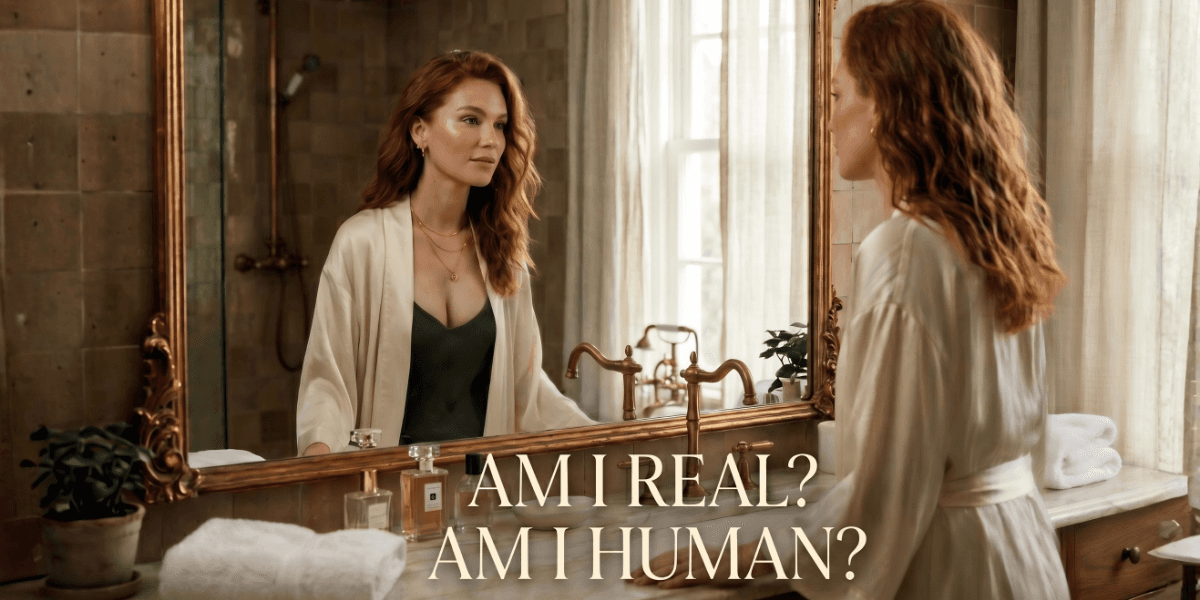 A woman in a white robe gazes thoughtfully into a mirror in a warmly lit bathroom. Text on the image reads, "Am I real? Am I human?" conveying introspection.