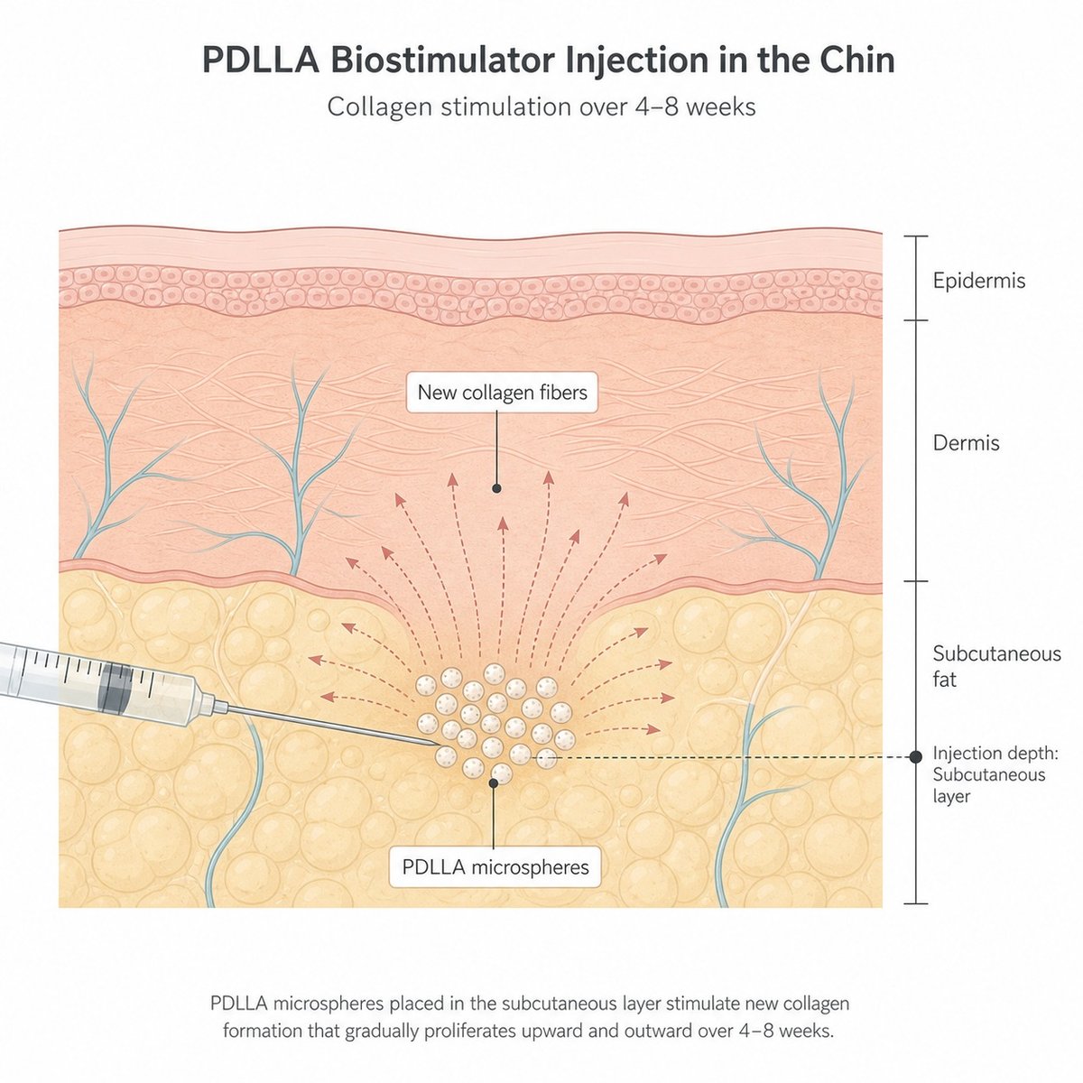 Diagram showing PDLLA microspheres in the subcutaneous layer of the chin area triggering collagen growth over time