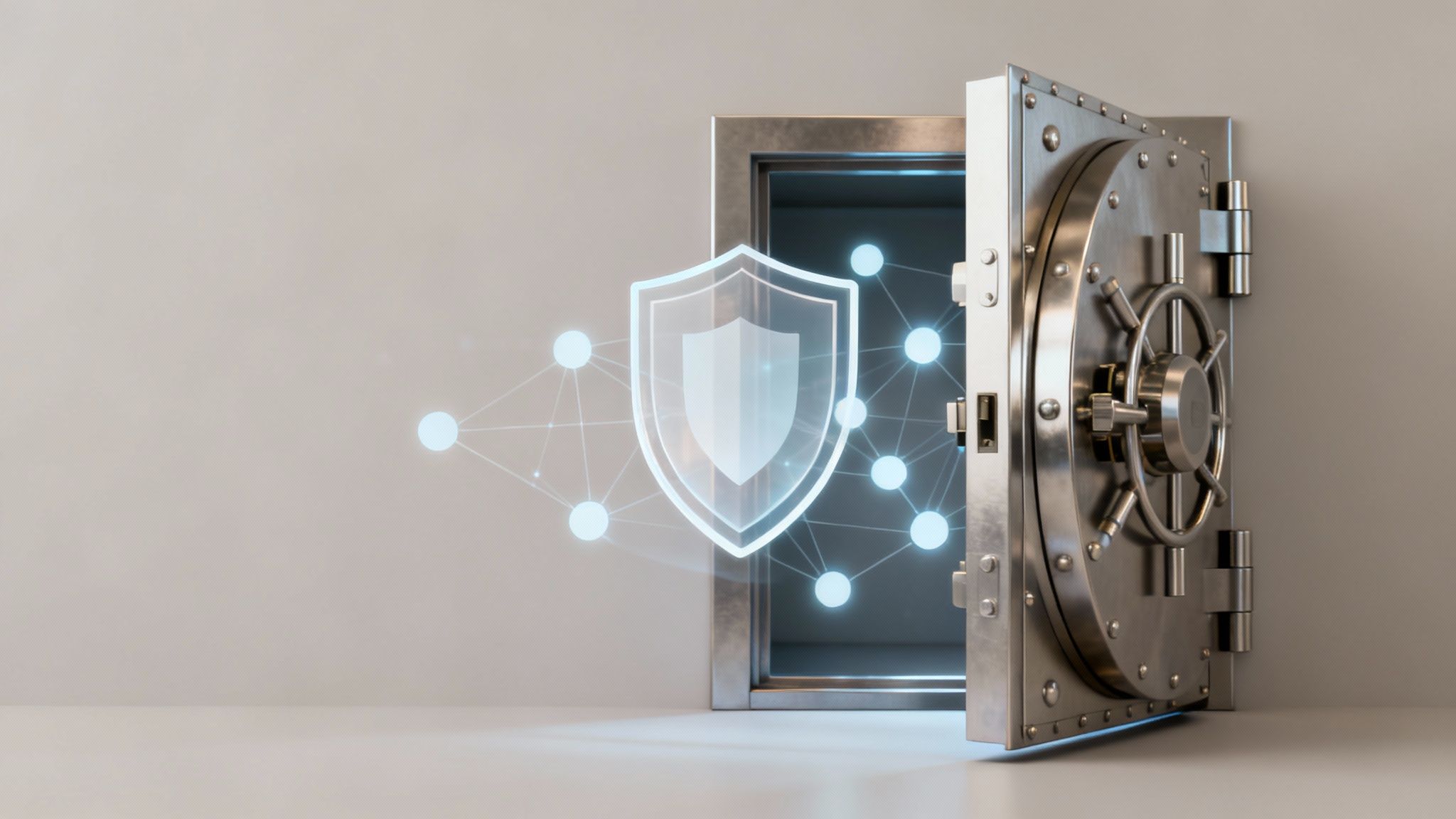 An open bank vault door with a glowing shield and network, symbolizing data security.