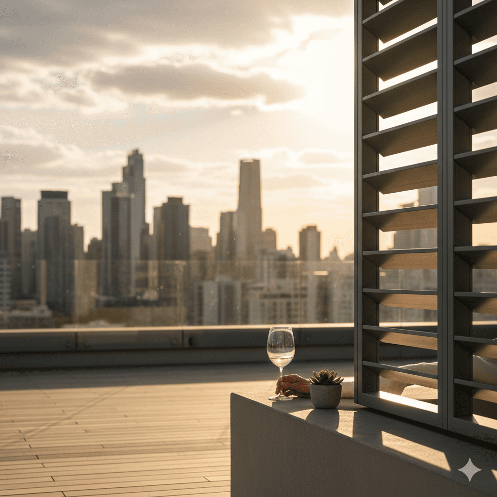 Spacious balcony with louvers and city skyline view from a high-end Gurugram residence