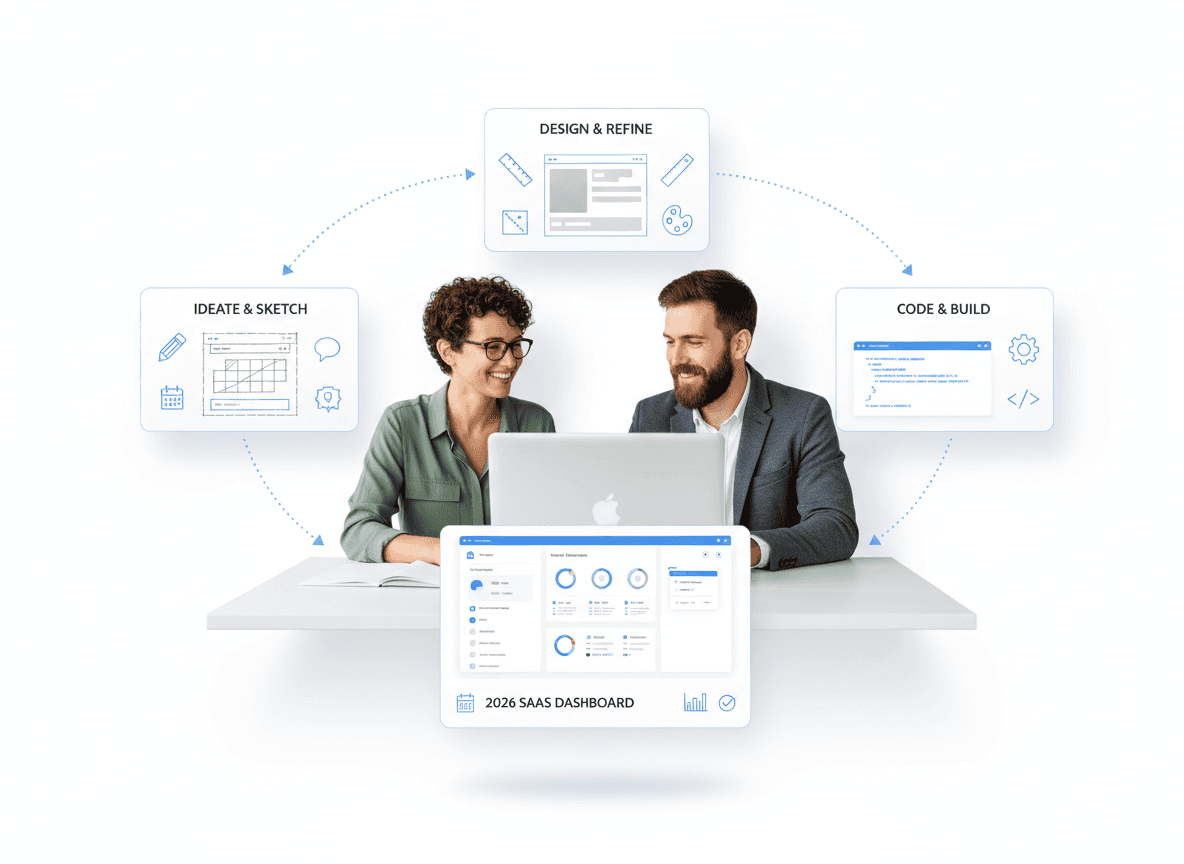 AI-driven UI generation for SaaS in 2026 showing designer and developer collaborating on transforming wireframe sketches into production-ready intelligent frontend interface
