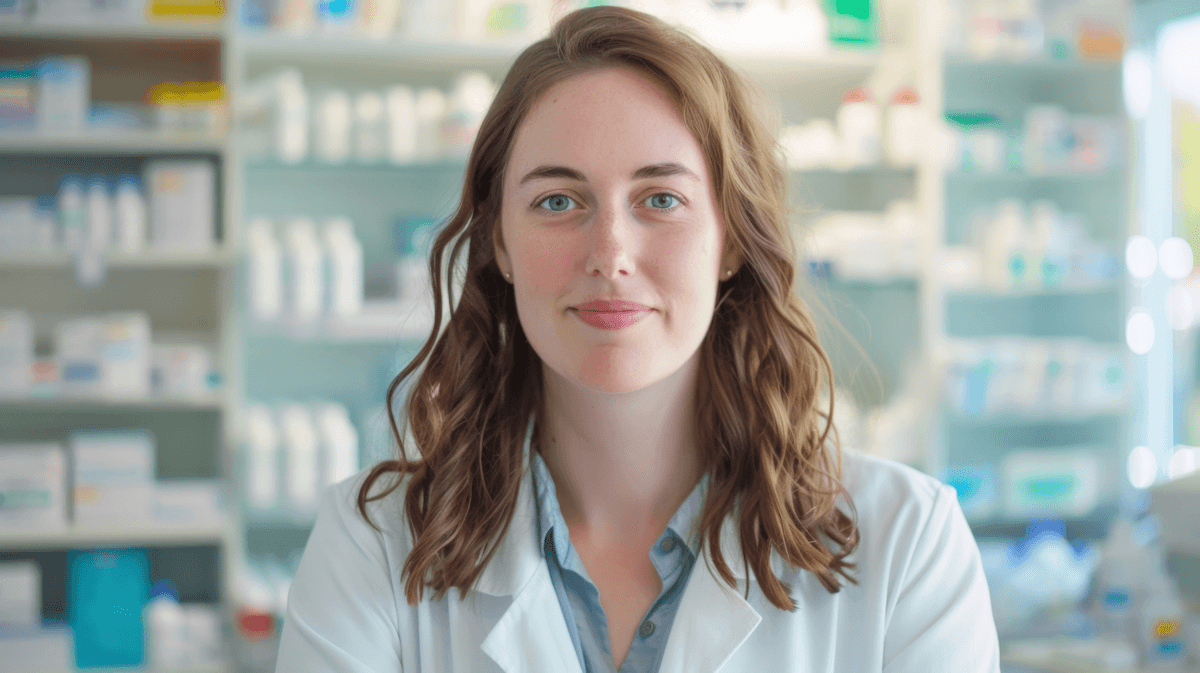 Young female pharmacist with wavy brown hair and blue eyes in a pharmacy, wearing a white lab coat and smiling confidently.