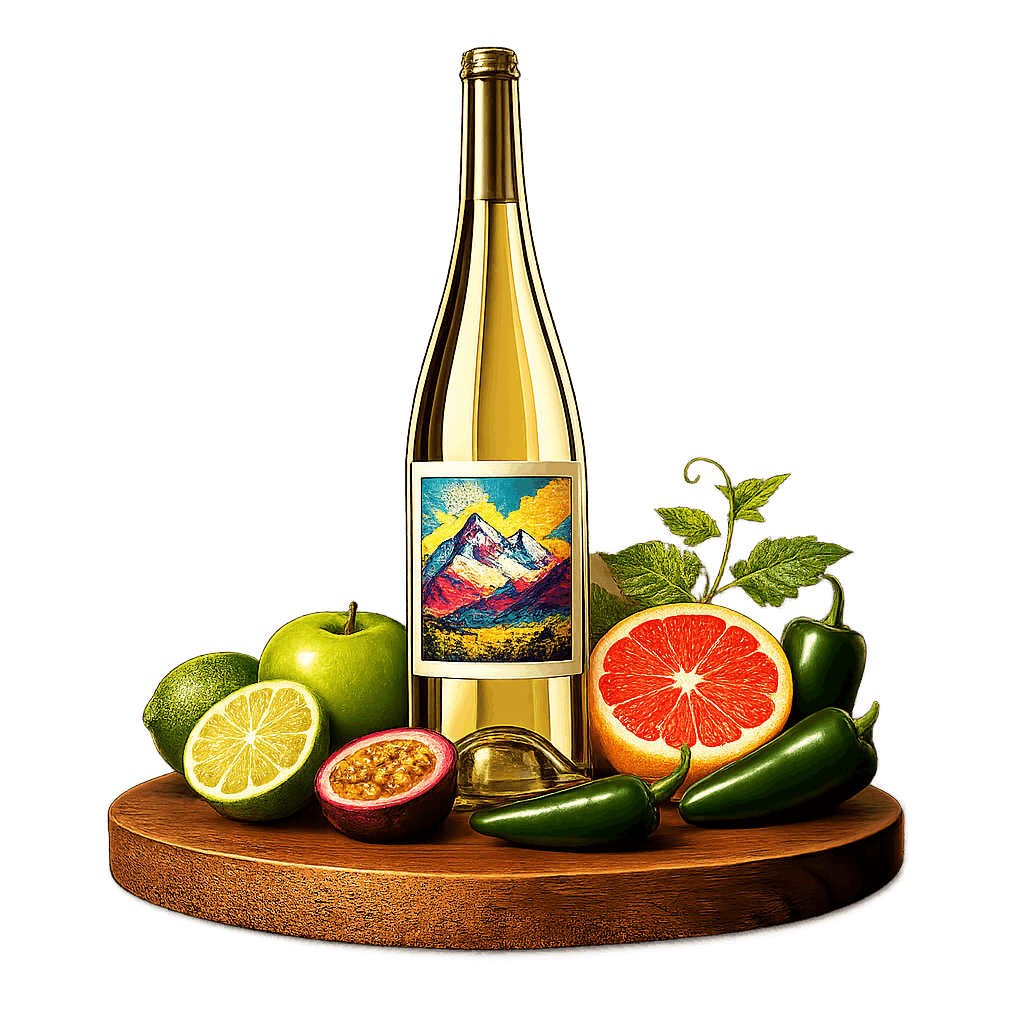 Artistic label and flavor profile for Chilean Sauvignon Blanc on a rustic wooden table.