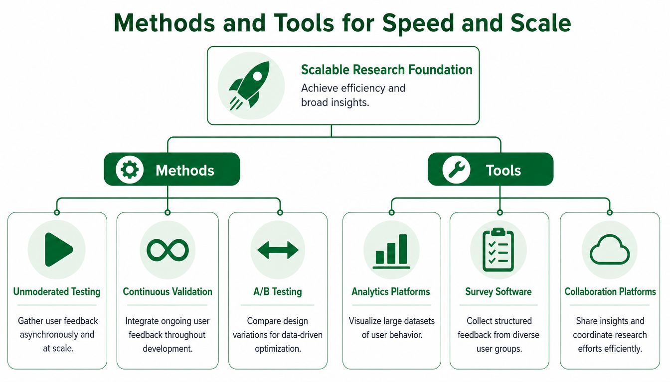 A diagram illustrating methods and tools for scalable research, including A/B testing, analytics, and collaboration platforms.