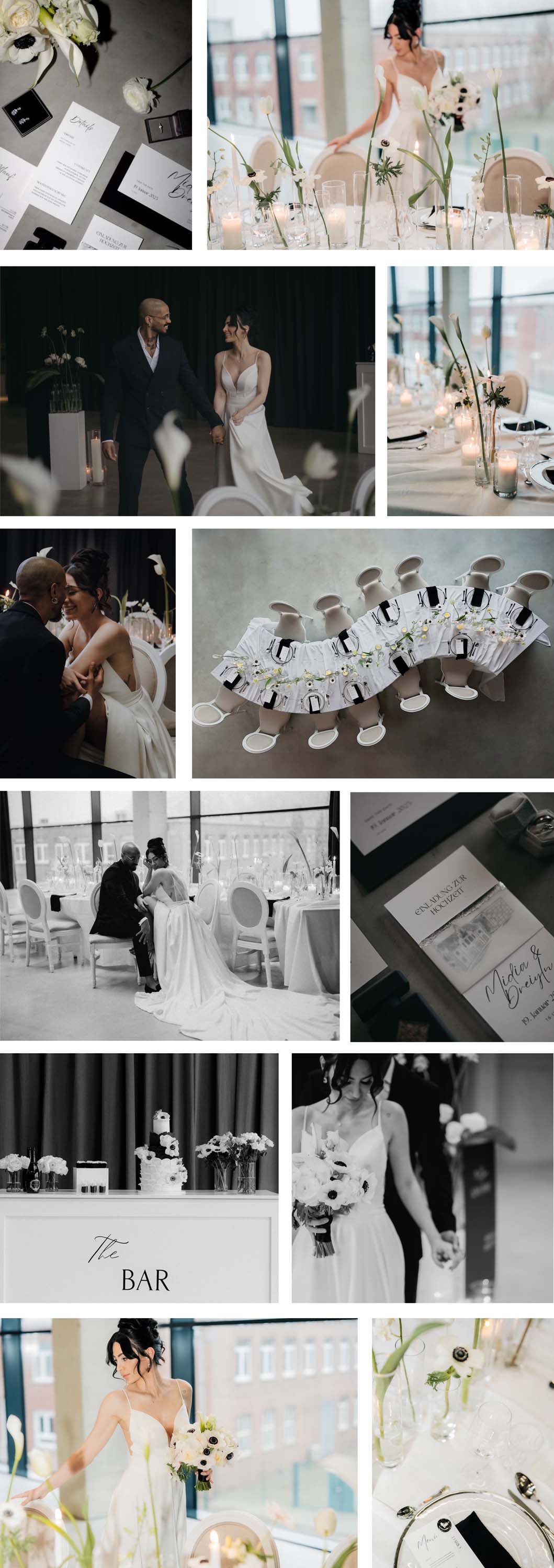 Collage einer Hochzeit im cleanen, minimalistischen Stil mit weißer Floristik und schwarz/weißer Papeterie und Dekoration.