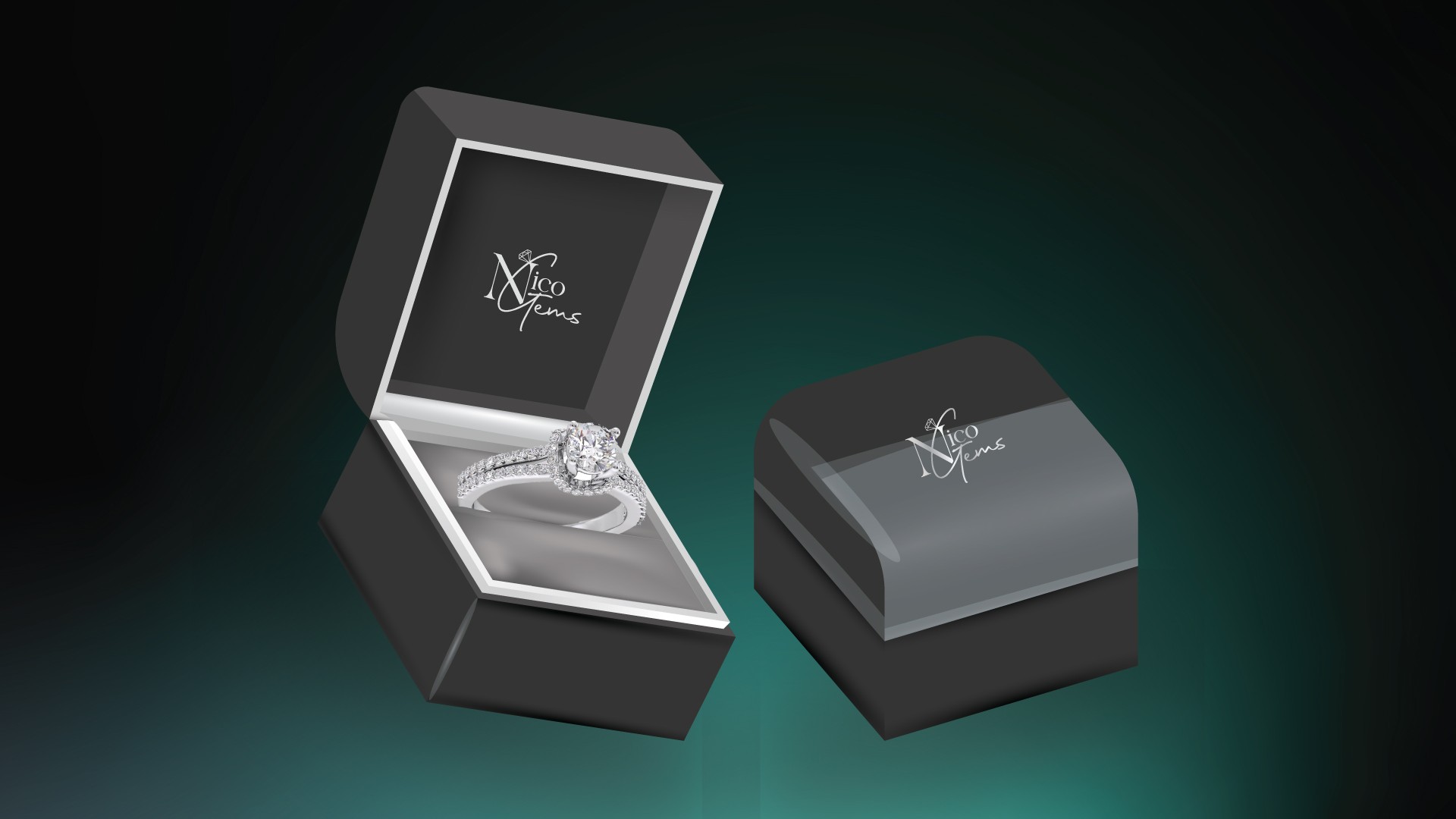 Black jewelry box with a white Nico Gems logo on the lid.