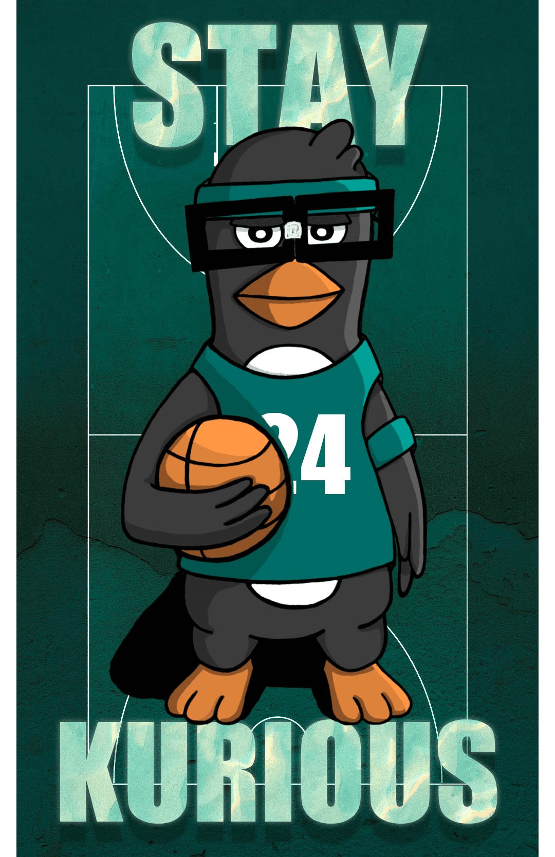 Original artwork by the author. Penguin character with glasses holding a basketball. The background is a basketball court and the penguin character is positioned on top of it. The image has a lot of teal and dark green hues. 