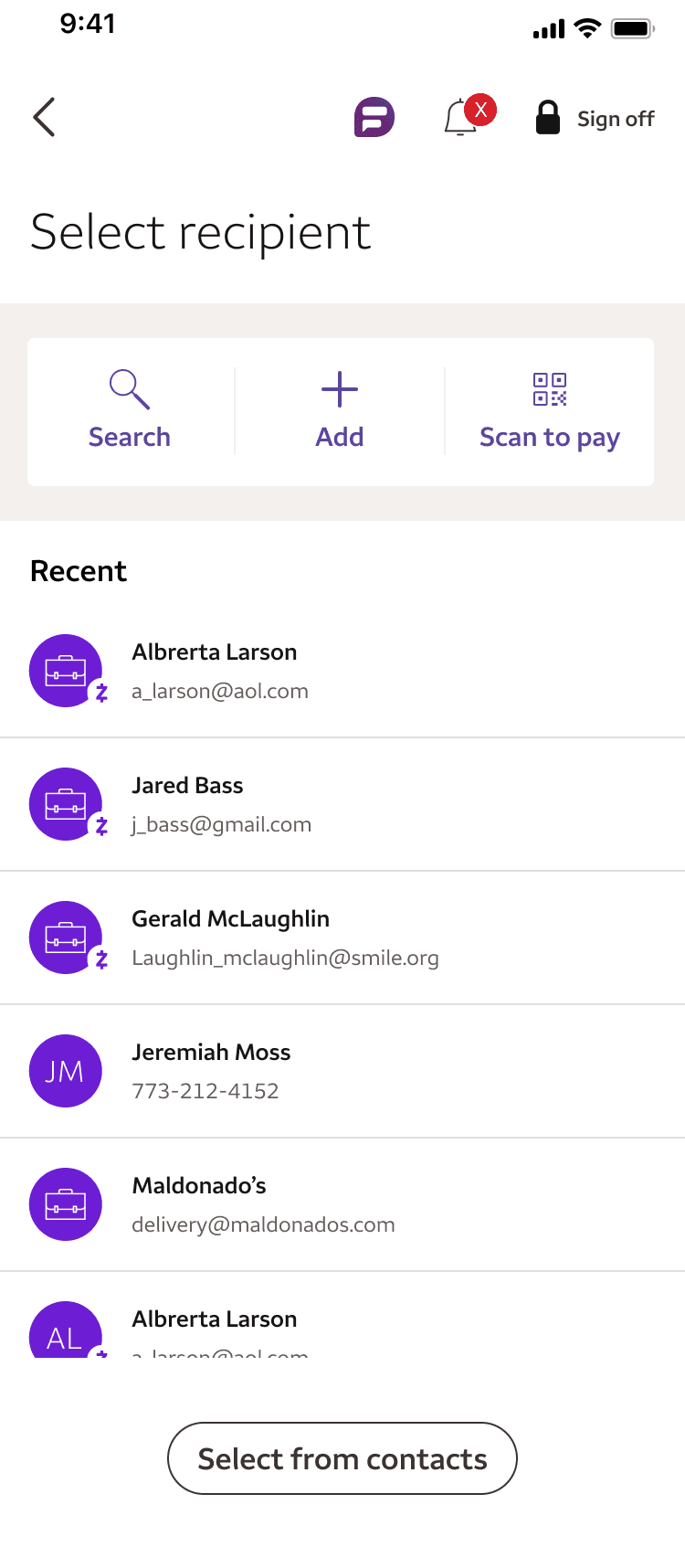 Current state — select recipient screen