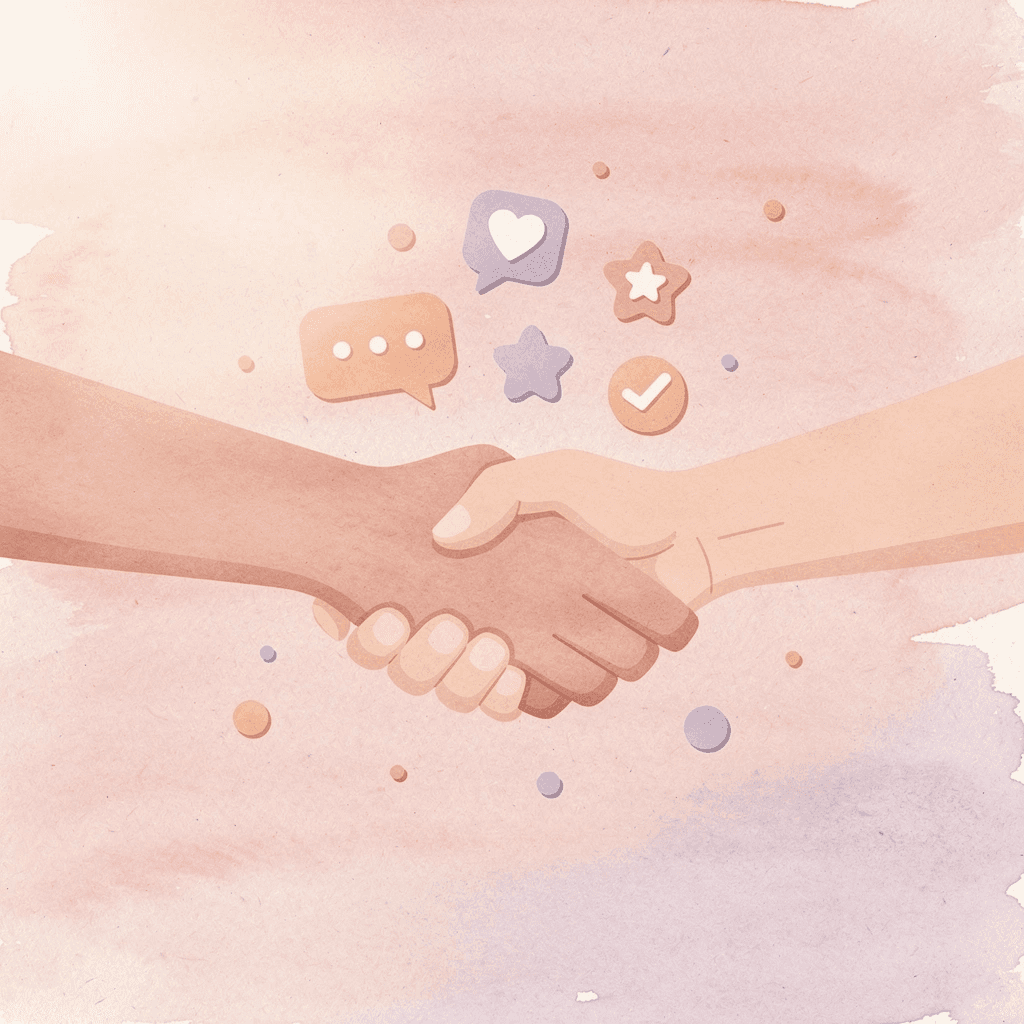 Illustration of hands connecting with cultural symbols representing social bonds through food sharing