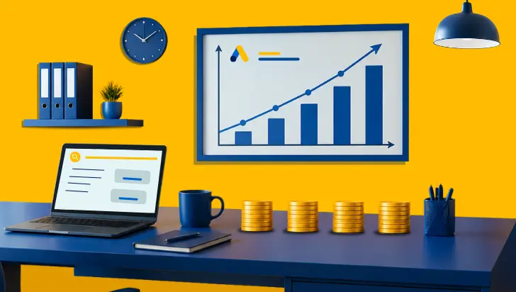 Growth chart with Google Ads, laptop, and stacks of gold coins on blue desk.
