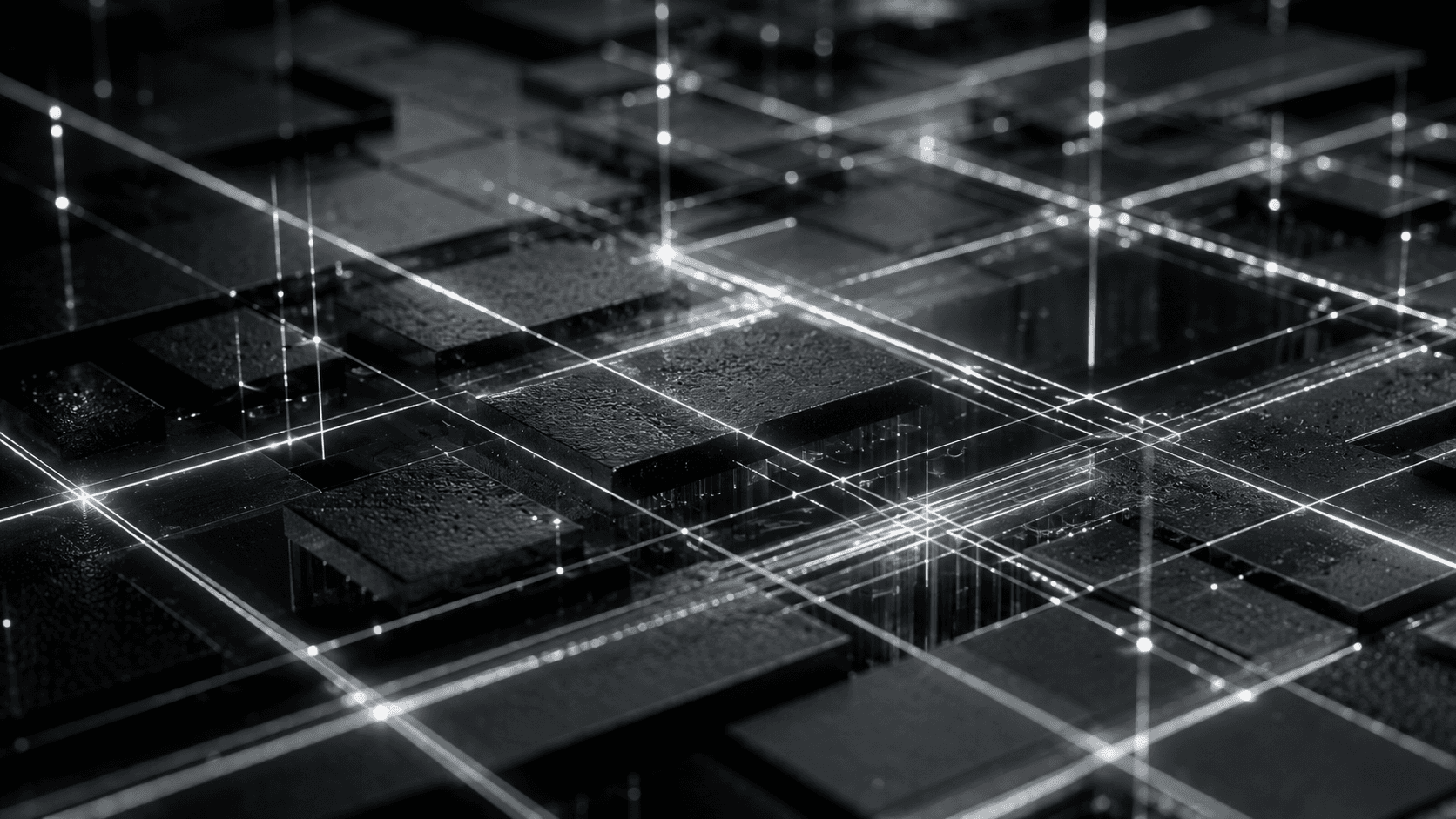 A portrait showing white tech leylines on a dark moody board. 