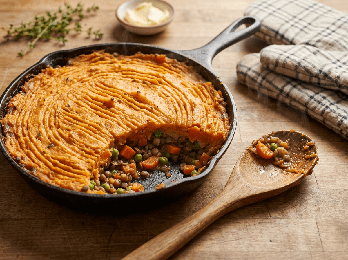 Lentil shepherd's pie with golden sweet potato topping in cast-iron skillet