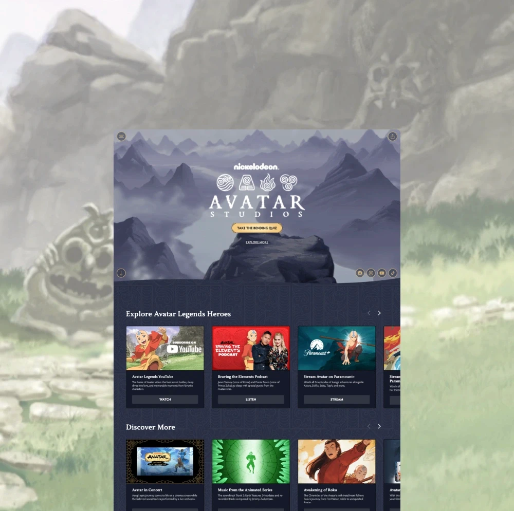 Avatar Studios website homepage featuring a dark mountain hero section, layered over a grassy scene with rocky outcrop from the Avatar: The Last Airbender series.