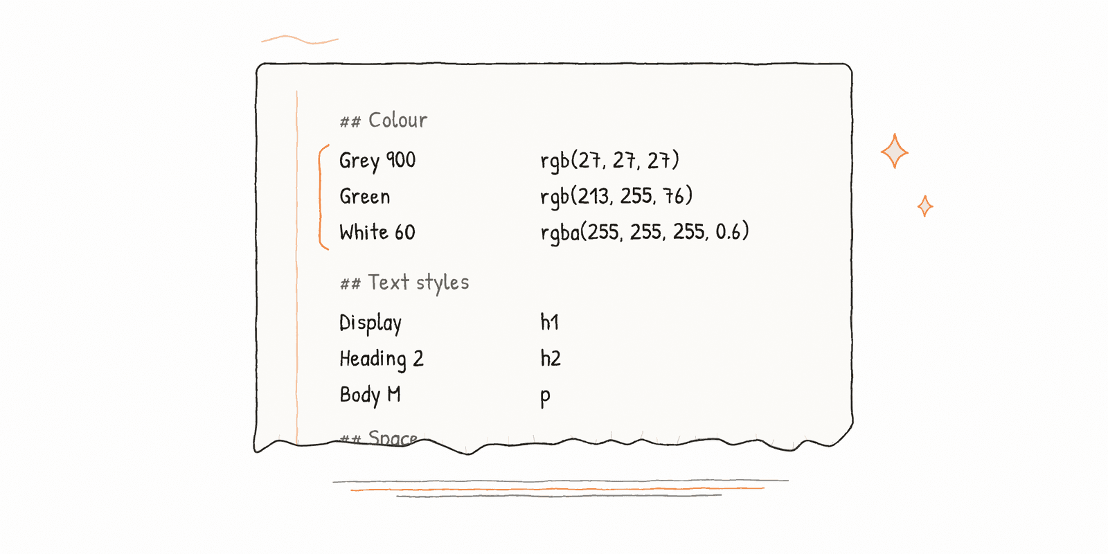 Close-up of a DESIGN.md file listing colour tokens and text-style mappings