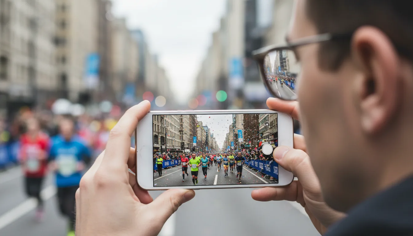 DSLR photography, over-the-shoulder close-up of a person wearing glasses holding a white smartphone. The phone screen is in sharp focus, displaying a live video stream of a crowded marathon on a city street. The person's face is slightly out of focus, and the background is heavily blurred with a strong bokeh effect. The crowded street scene is reflected in the person's glasses. Natural daylight, soft, diffused lighting from an overcast day.