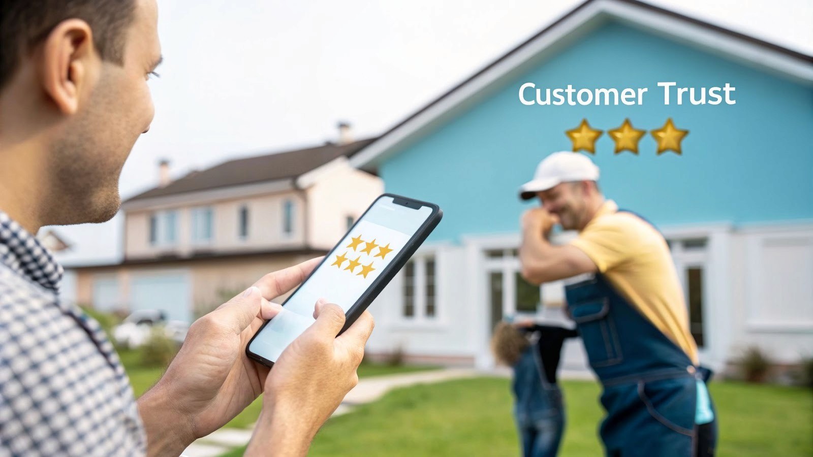 Man reviews a home service with five stars on a phone, representing customer trust for a blue house.