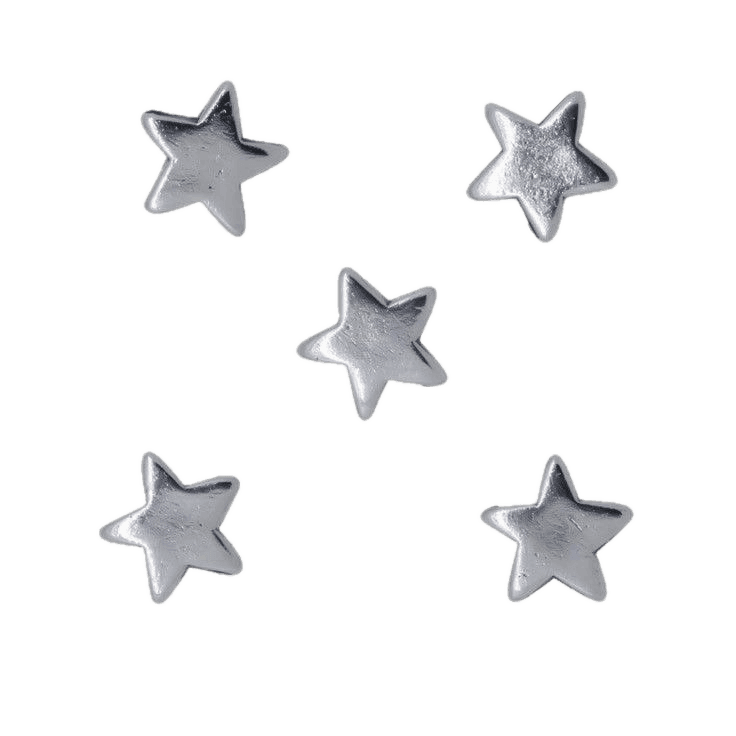 Five metallic silver star-shaped objects are scattered evenly against a transparent background.