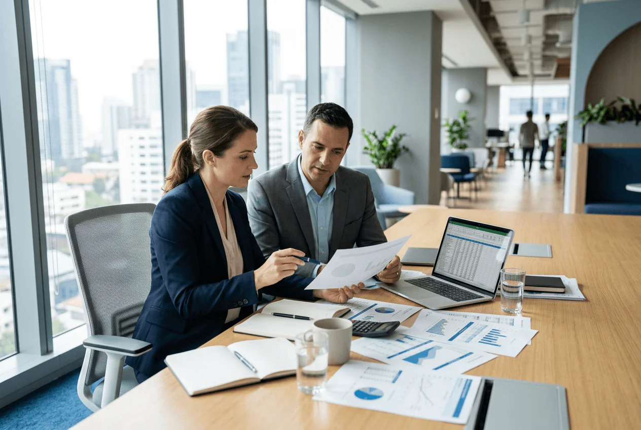 Two finance professionals reviewing month-end reports at a bright table