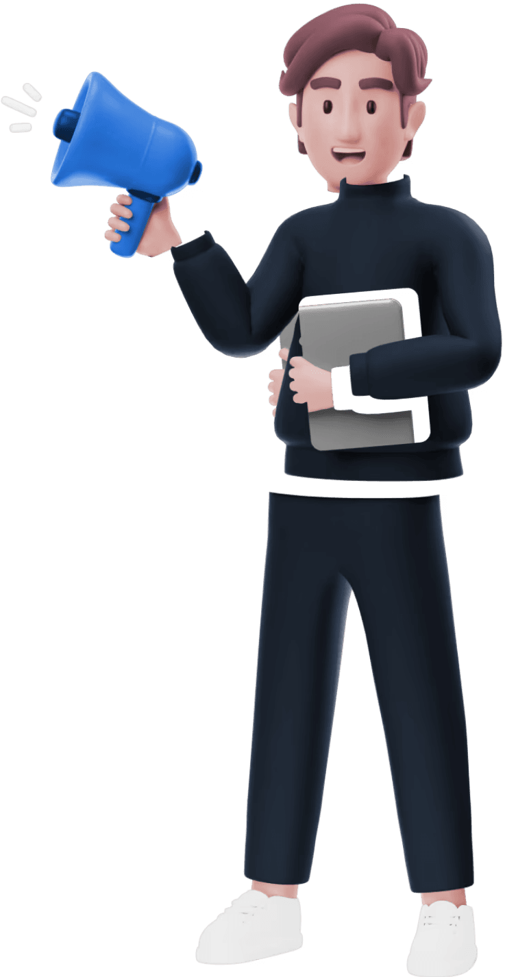 דמות תלת־ממד מחזיקה מגאפון ומחזיקה לפטופ ביד השנייה, מסמלת השקת פרויקט חדש ותקשורת שיווקית