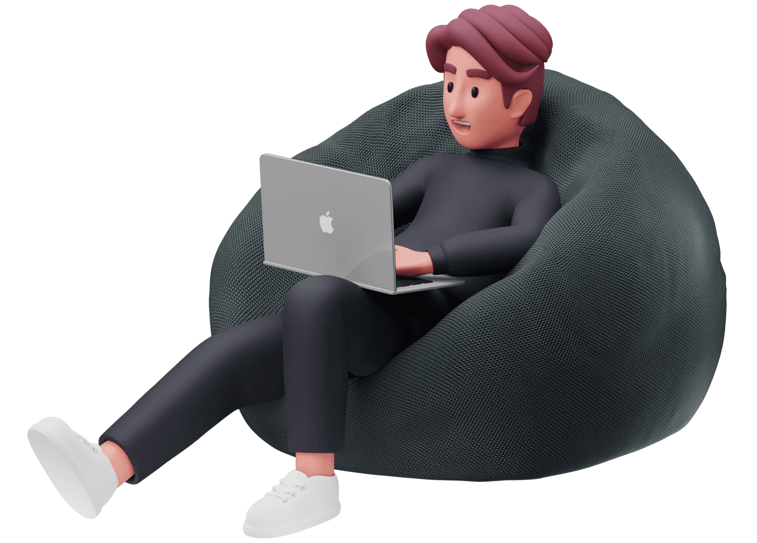 דמות תלת־ממד יושבת על פוף עם מחשב נייד, מסמלת עבודה דיגיטלית ויצירתית על פרויקטים