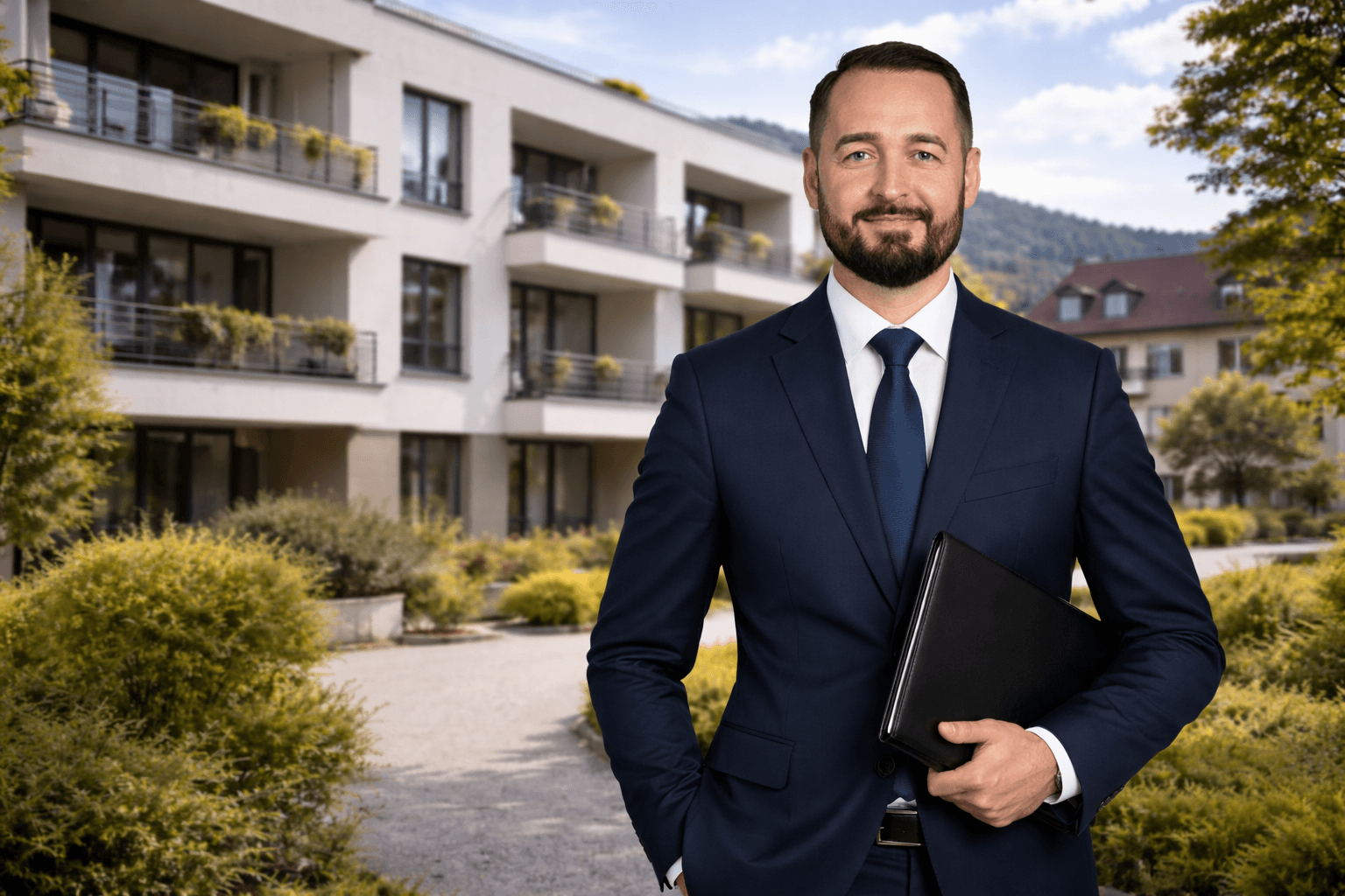 Modern minimalist building by the sea at dusk, with sleek white walls, glowing interior featuring a red chair, and a calm, serene atmosphere.