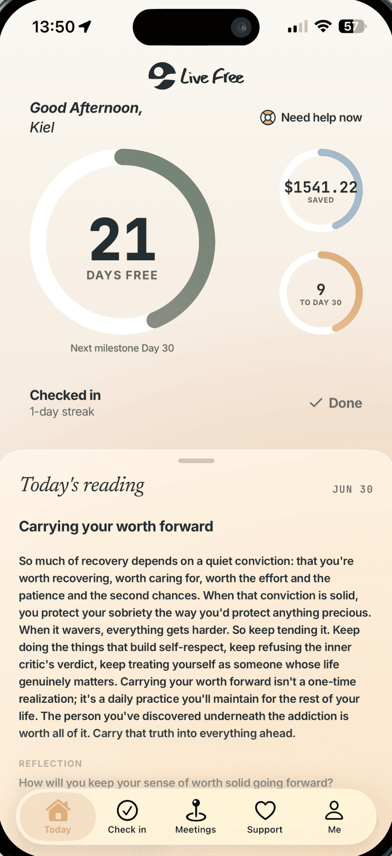 Live Free home screen showing 21 days free, the next milestone, and today's reading
