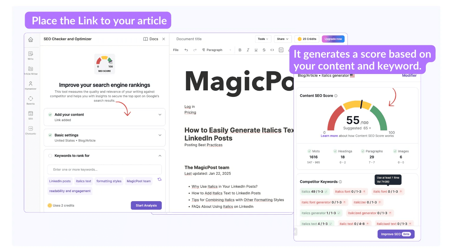 Article analysis feature with link in WriteSonic