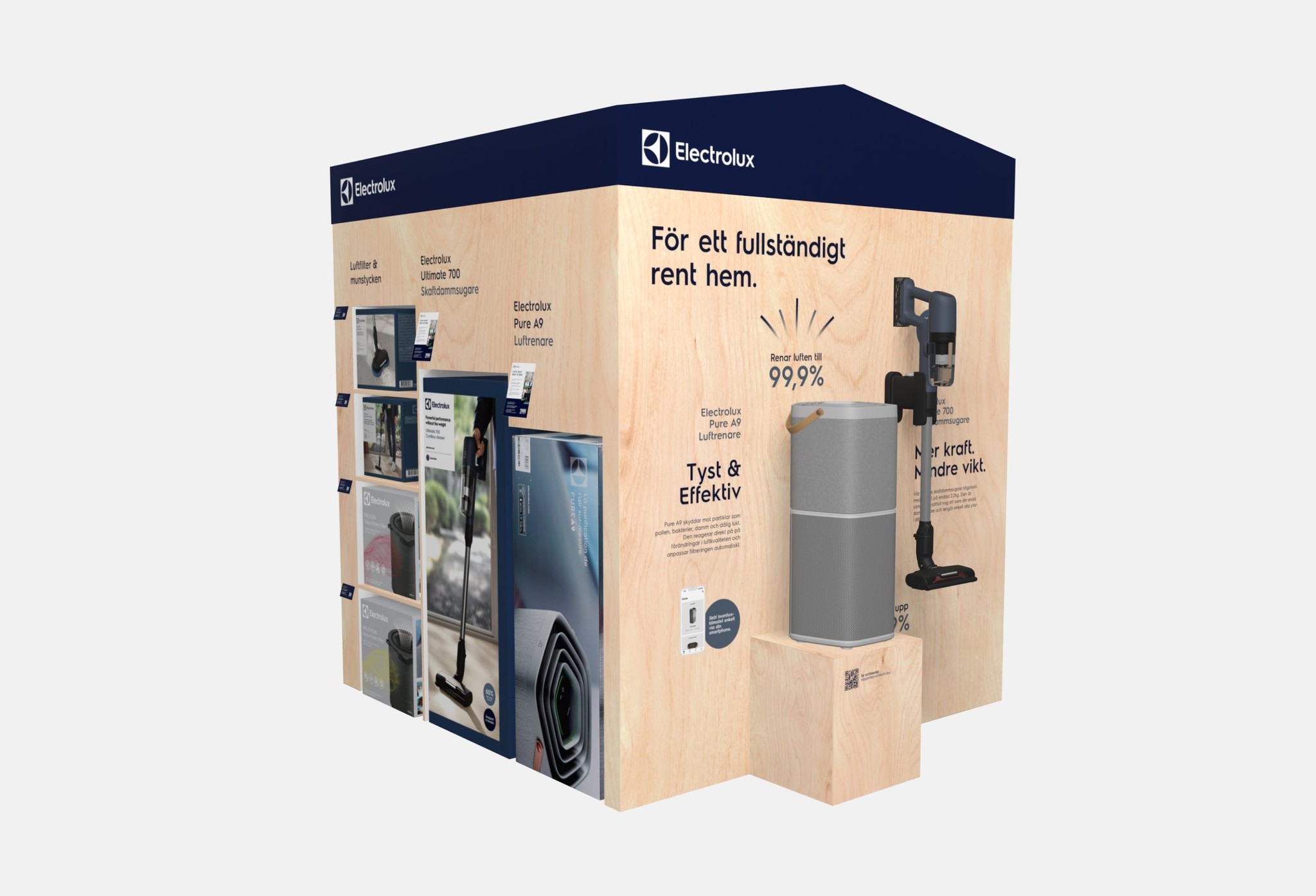 3D trade show booth displaying an Electrolux air purifier and vacuum cleaner.