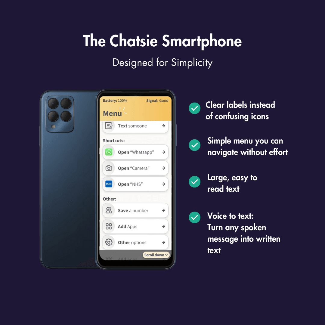 Phone with Chatsie's app menu open listing several options such as to text someone, to open Whatsapp, to open the Camera, save a number, and other functions on a white background